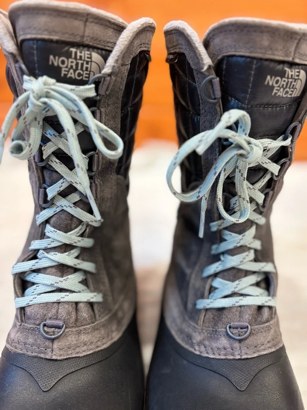 The North Face Thermoball Utility Tall Quilted Snow Boots Gray Blue Women's 8.5
